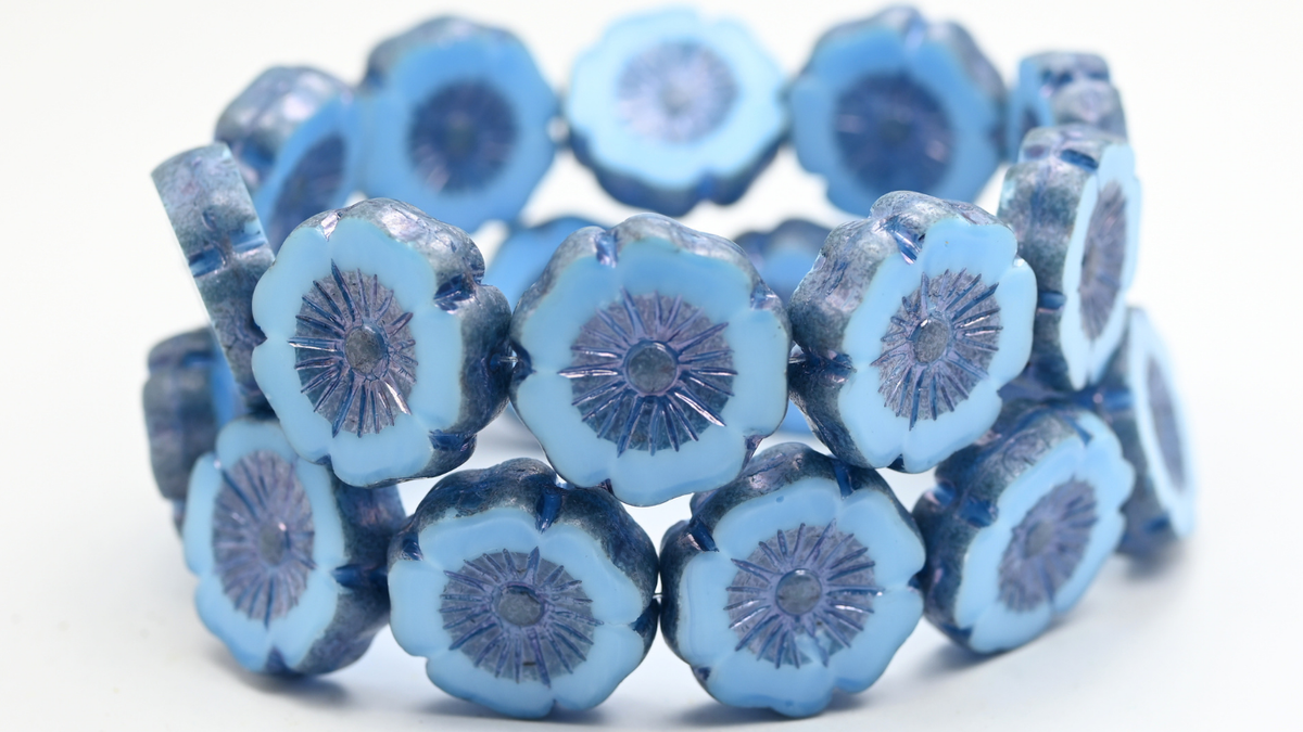 Table Cut Hawaii Flower Beads, Silky Blue Luster Blue Full Coated (64010-14464), Glass, Czech Republic ~ STRANDED