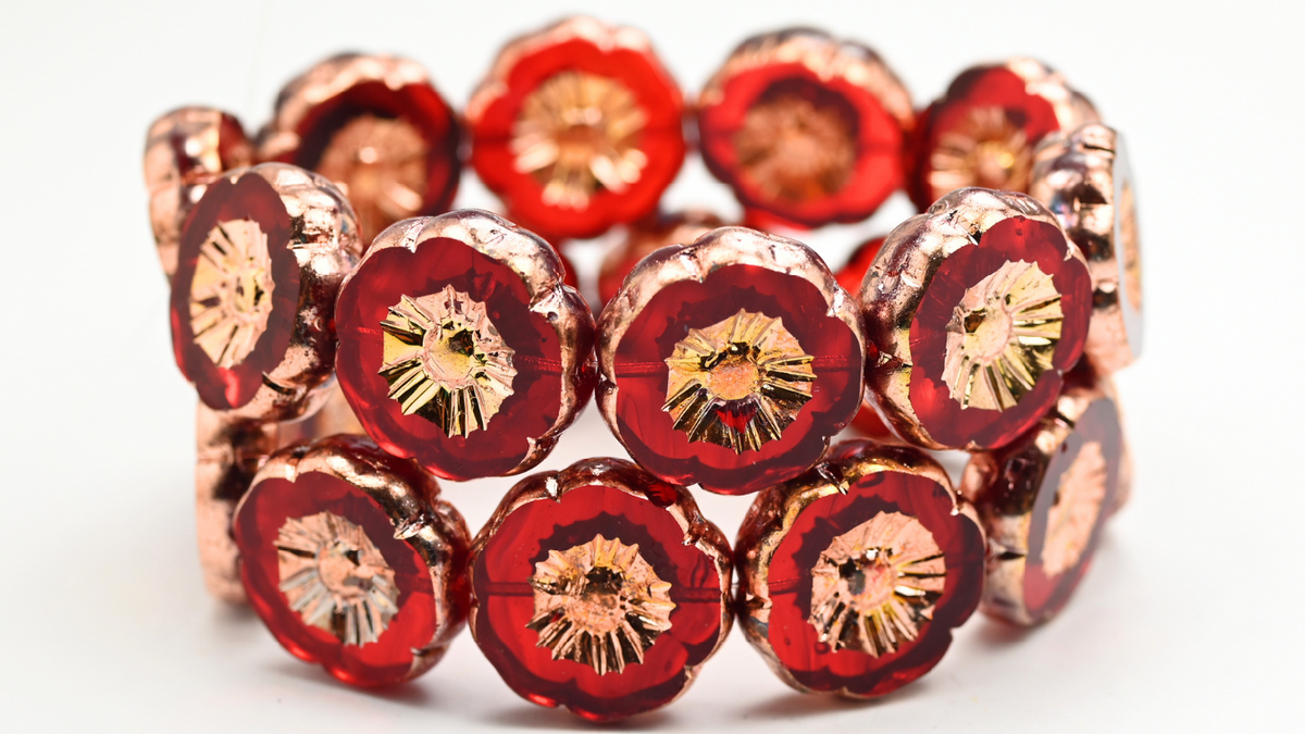 Table Cut Round Beads Hawaii Flowers, Mixed Colors Ruby Rose Gold Capri 2X (MIX-RUBY-27101-2X), Glass, Czech Republic ~ STRANDED