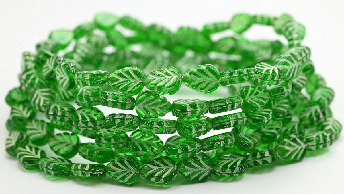 Mint Leaf Beads, Emerald Green Beige Lined (108-50120-54311), Glass, Czech Republic ~ STRANDED