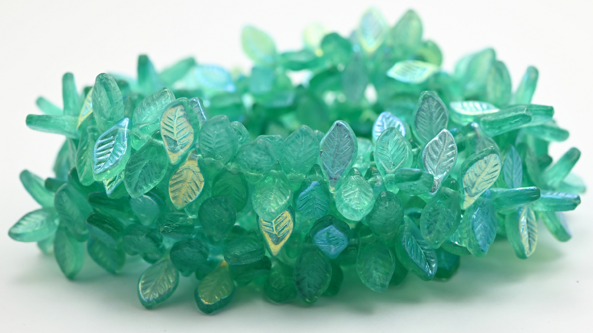 Heart With Lines Beads, Transparent Green Emerald Ab (126-50710-AB), Glass, Czech Republic ~ STRANDED
