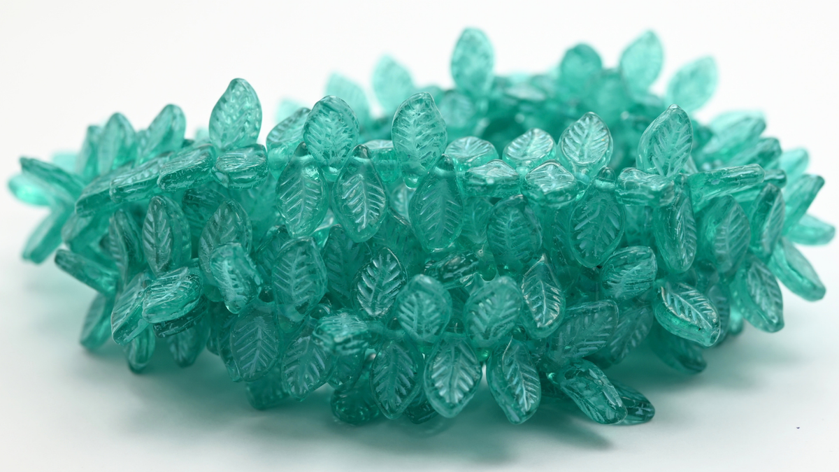 Heart With Lines Beads, Transparent Green Emerald Light Blue Lined (126-50710-54308), Glass, Czech Republic ~ STRANDED