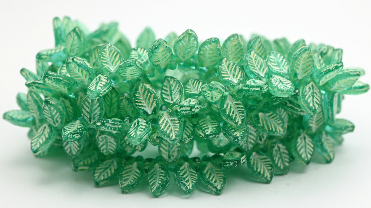 Heart With Lines Beads, Transparent Green Emerald Beige Lined (126-50710-54311), Glass, Czech Republic ~ STRANDED