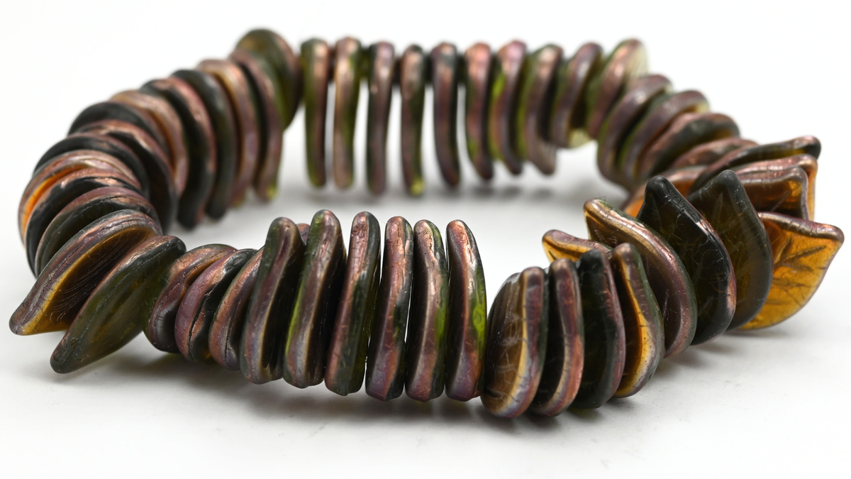 Apple Leaf Beads, Transparent Green Rose Gold Capri (1813-50220-27101), Glass, Czech Republic ~ STRANDED