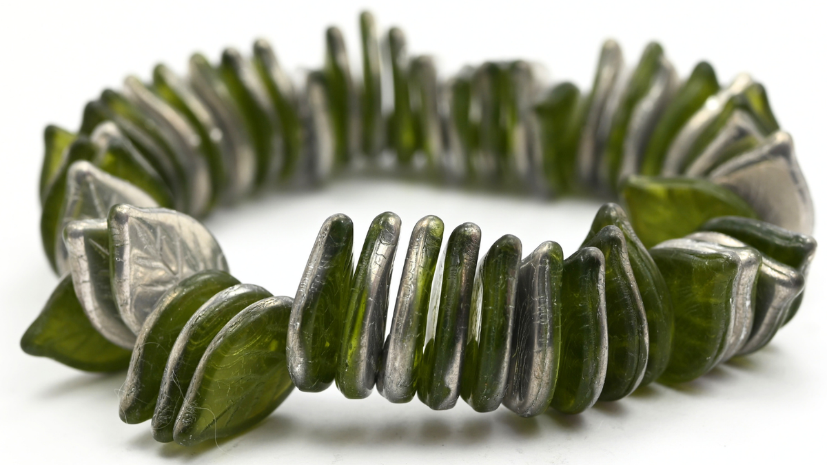 Apple Leaf Beads, Transparent Green Crystal Silver Half Coating (50220-27001), Glass, Czech Republic ~ STRANDED
