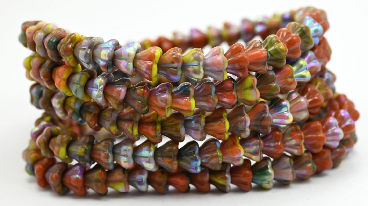 Bell Flower Beads, Mixed Colors Color Ab (86-MIX-COLOR-AB), Glass, Czech Republic ~ STRANDED