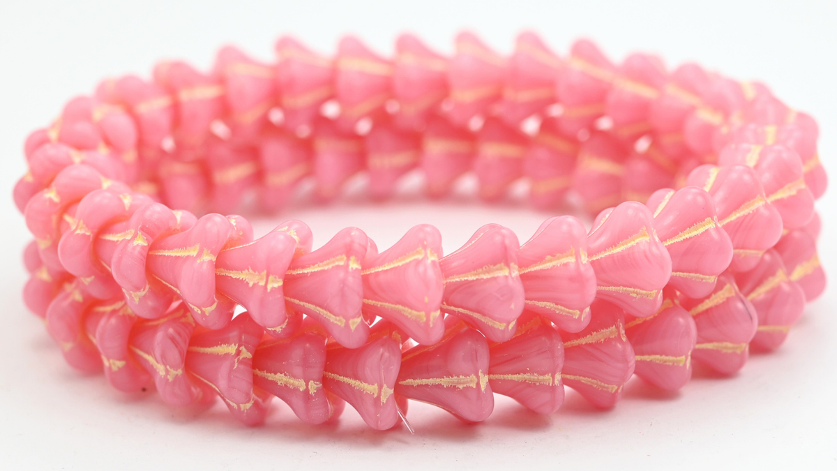 Bell Flower Beads, Opaque Pink Beige Lined (1113-76016-54311), Glass, Czech Republic ~ STRANDED