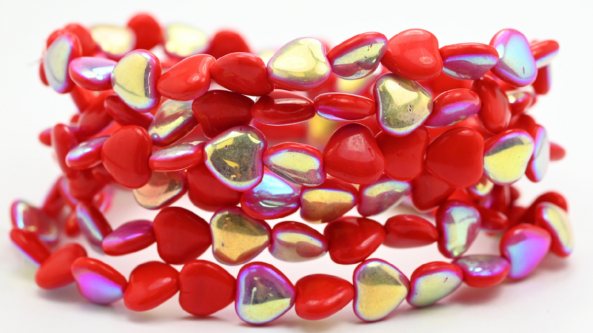 Heart Beads, Opaque Red Ab (10-93200-AB), Glass, Czech Republic ~ STRANDED