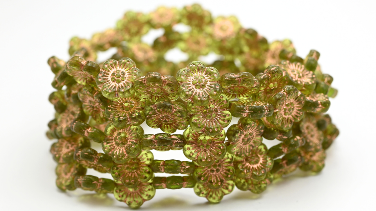 Flower Pressed Glass Beads, Transparent Green Copper Lined (14-50220-54200), Glass, Czech Republic ~ STRANDED