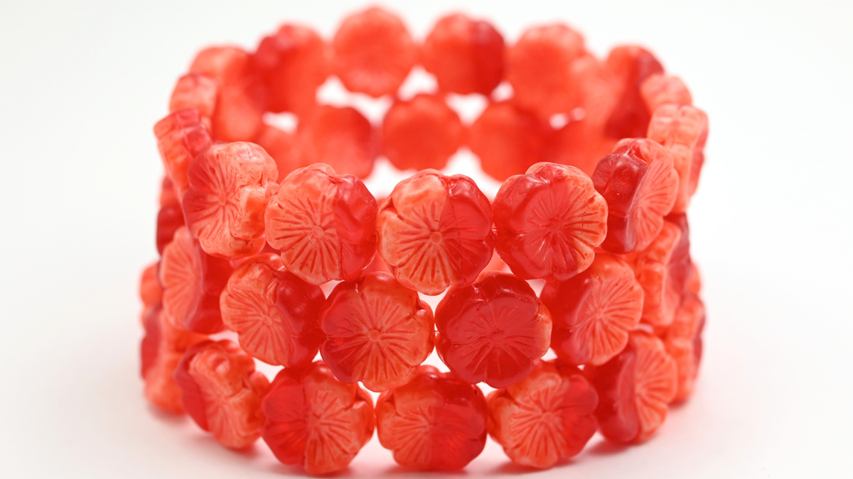 Hawaii Flower Beads, Transparent Red Beige Orange Spotted (14-900602010-33307), Glass, Czech Republic ~ STRANDED