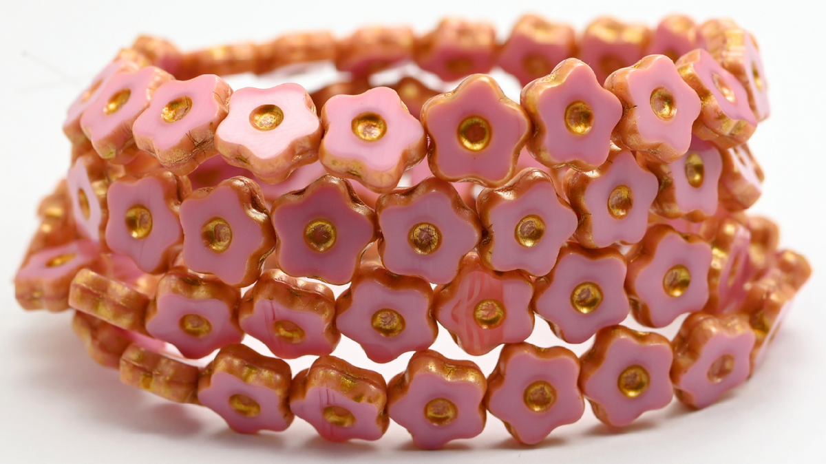 Table Cut Flower Beads With Dot, Opaque Pink Gold Splash (74020-86720), Glass, Czech Republic ~ STRANDED