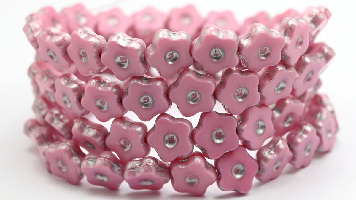 Table Cut Flower Beads With Dot, Opaque Pink Silver Splash (74020-86700), Glass, Czech Republic ~ STRANDED