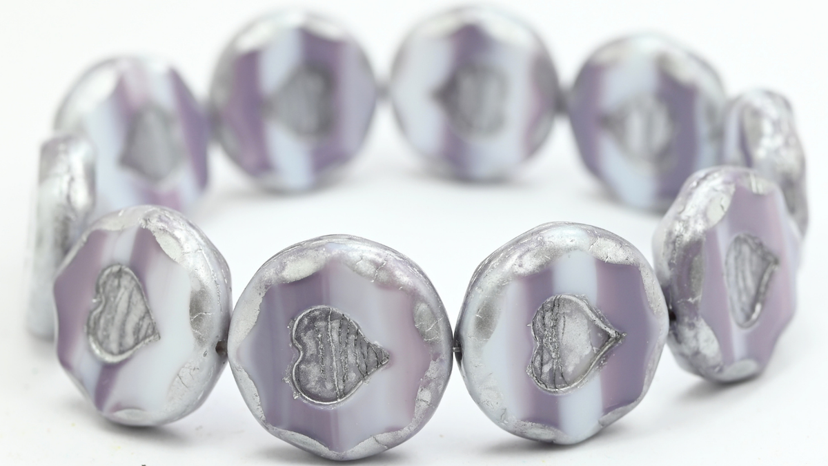 Table Cut Round Beads With Heart, Mixed White Lavender Silver Splash (07224-86700), Glass, Czech Republic ~ STRANDED