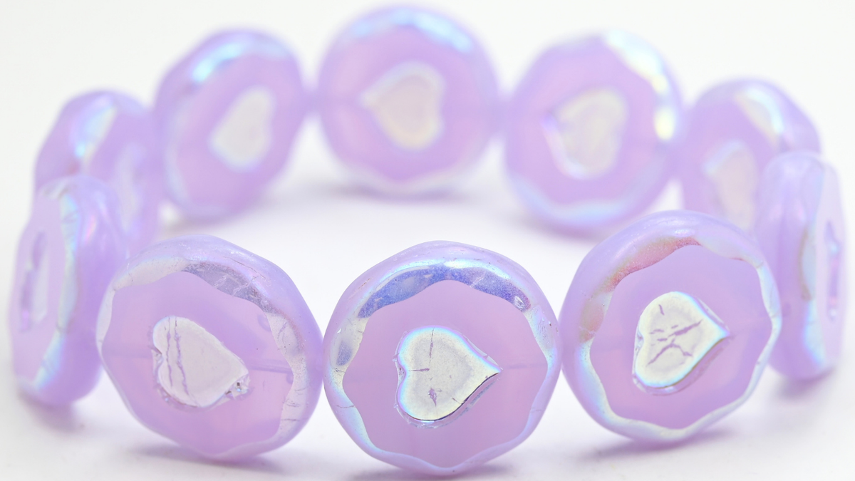 Table Cut Round Beads With Heart, Opal Amethyst Ab Full (2X Side) (21310-AB2X), Glass, Czech Republic ~ STRANDED