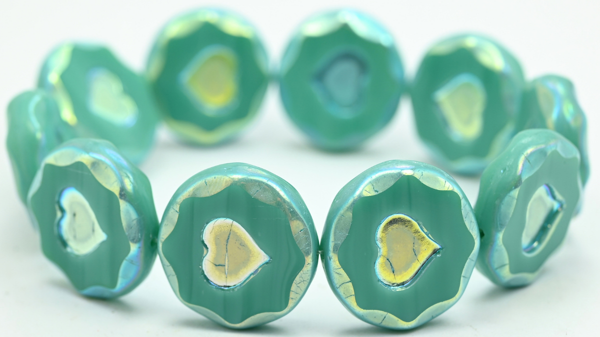 Table Cut Round Beads With Heart, Turquise Ab Full (2X Side) (63140-AB2X), Glass, Czech Republic ~ STRANDED