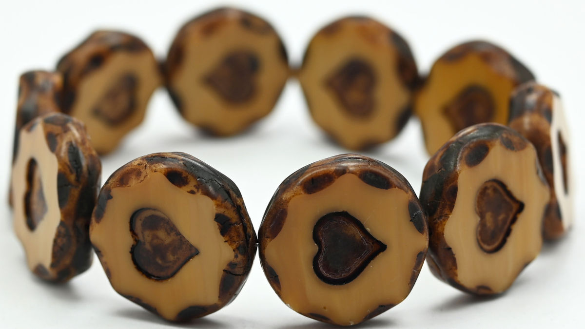 Table Cut Round Beads With Heart, Opaque Beige Travertin (13010-86800), Glass, Czech Republic ~ STRANDED