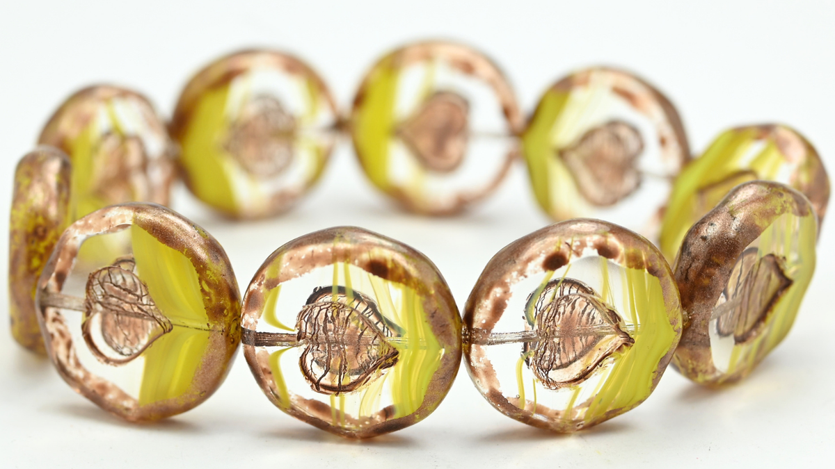 Table Cut Round Beads With Heart, 86028 Copper Splash (86028-86750), Glass, Czech Republic ~ STRANDED
