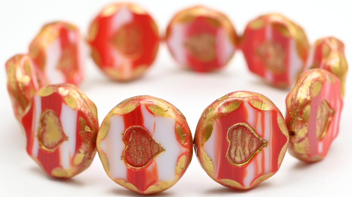 Table Cut Round Beads With Heart, Coral Gold Splash (07913-86720), Glass, Czech Republic ~ STRANDED