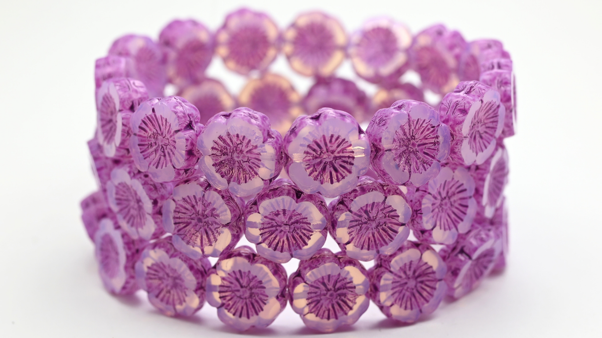 Table Cut Hawaii Flower Beads, Opal White Pink Spotted (01000-33306), Glass, Czech Republic ~ STRANDED