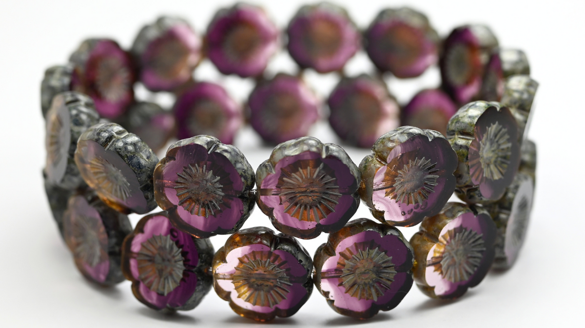 Table Cut Hawaii Flower Beads, Transparent Light Amethyst Travertin Beige Spotted (2002008-86-33312), Glass, Czech Republic ~ STRANDED