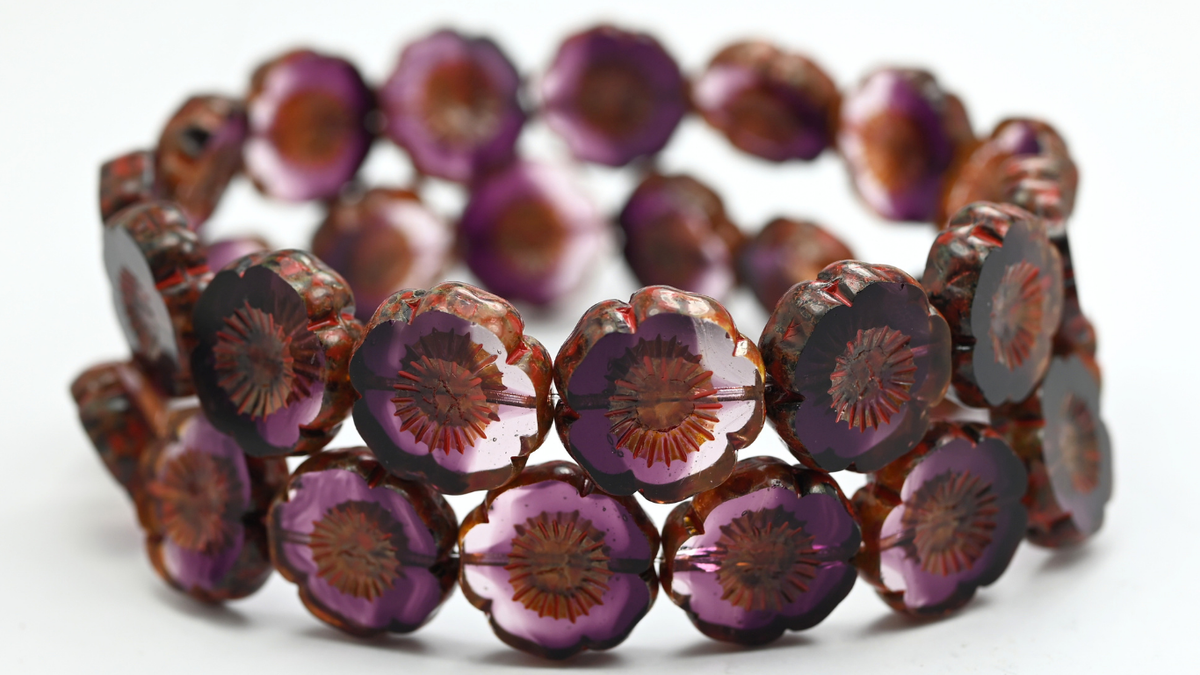 Table Cut Hawaii Flower Beads, Transparent Light Amethyst Travertin Beige Orange Spotted (2002008-86-33307), Glass, Czech Republic ~ STRANDED