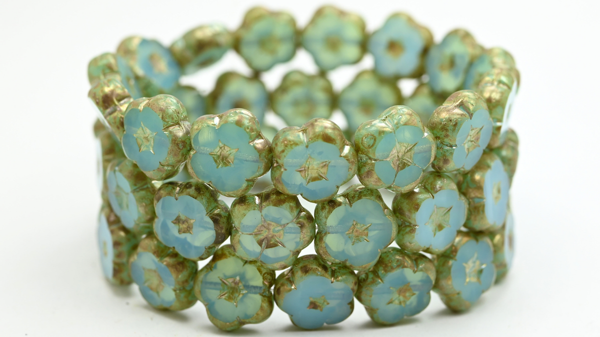 Table Cut Flower Beads, Opal Aqua Rembrandt Travertin (61000-43500), Glass, Czech Republic ~ STRANDED