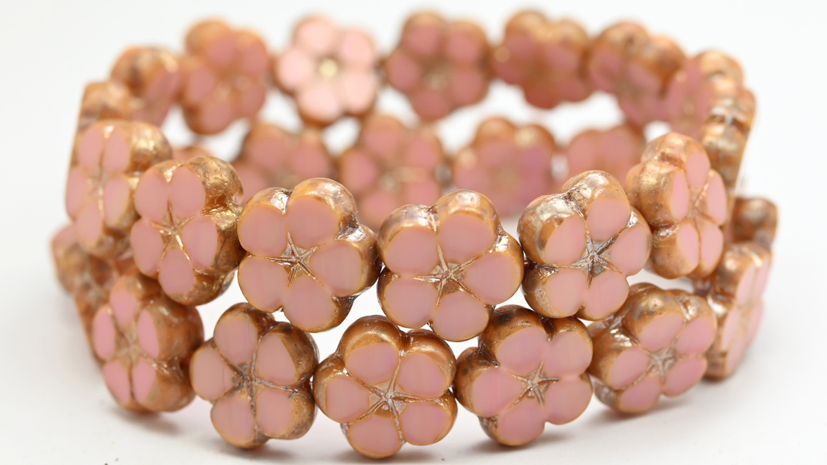 Table Cut Flower Beads, Opaque Pink Rembrandt Travertin (74020-43500), Glass, Czech Republic ~ STRANDED