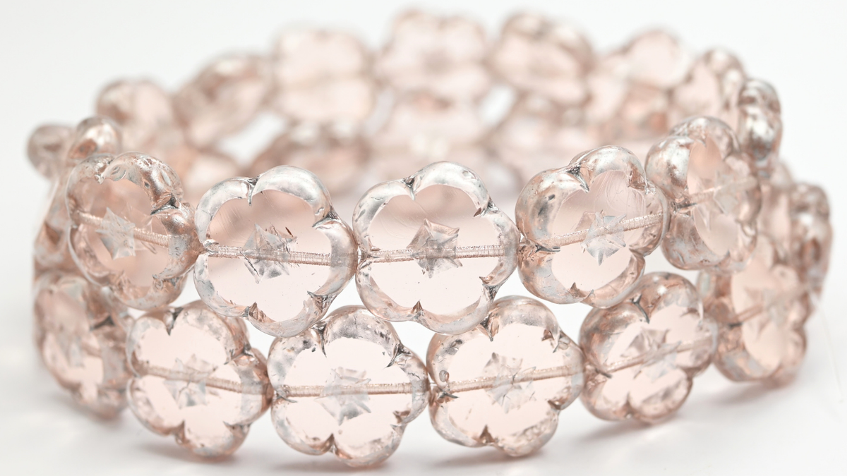 Table Cut Flower Beads, Transparent Pink Silver Splash (70100-86700), Glass, Czech Republic ~ STRANDED