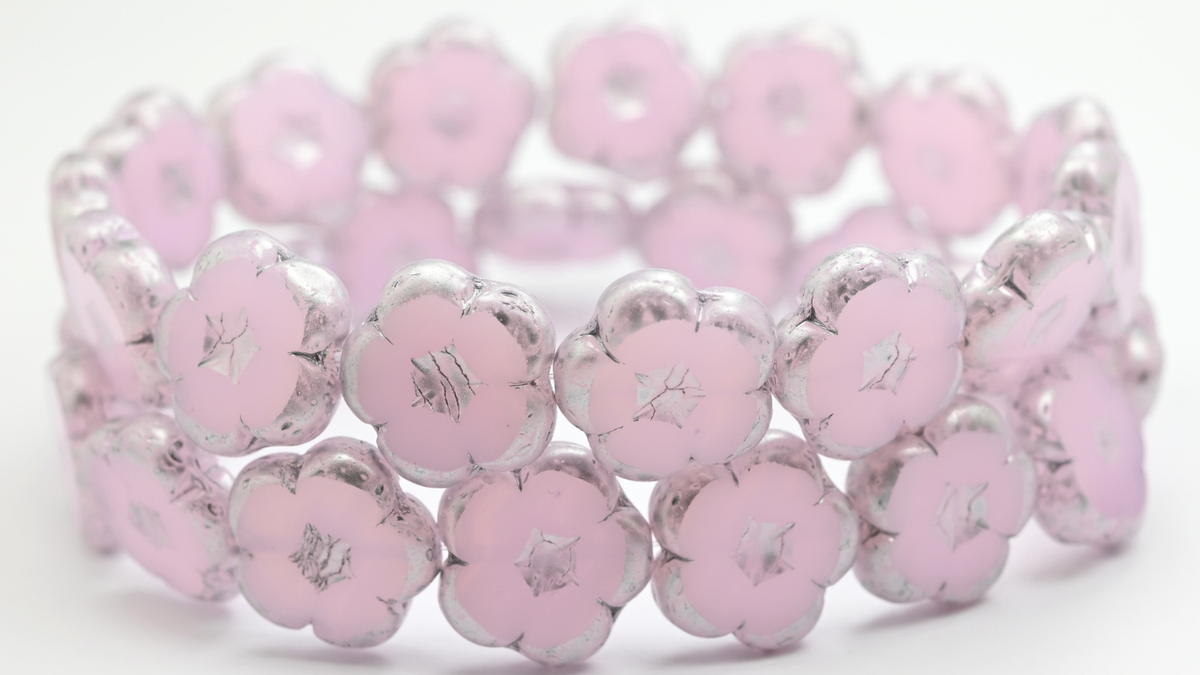 Table Cut Flower Beads, Opal Pink Silver Splash (72200-86700), Glass, Czech Republic ~ STRANDED