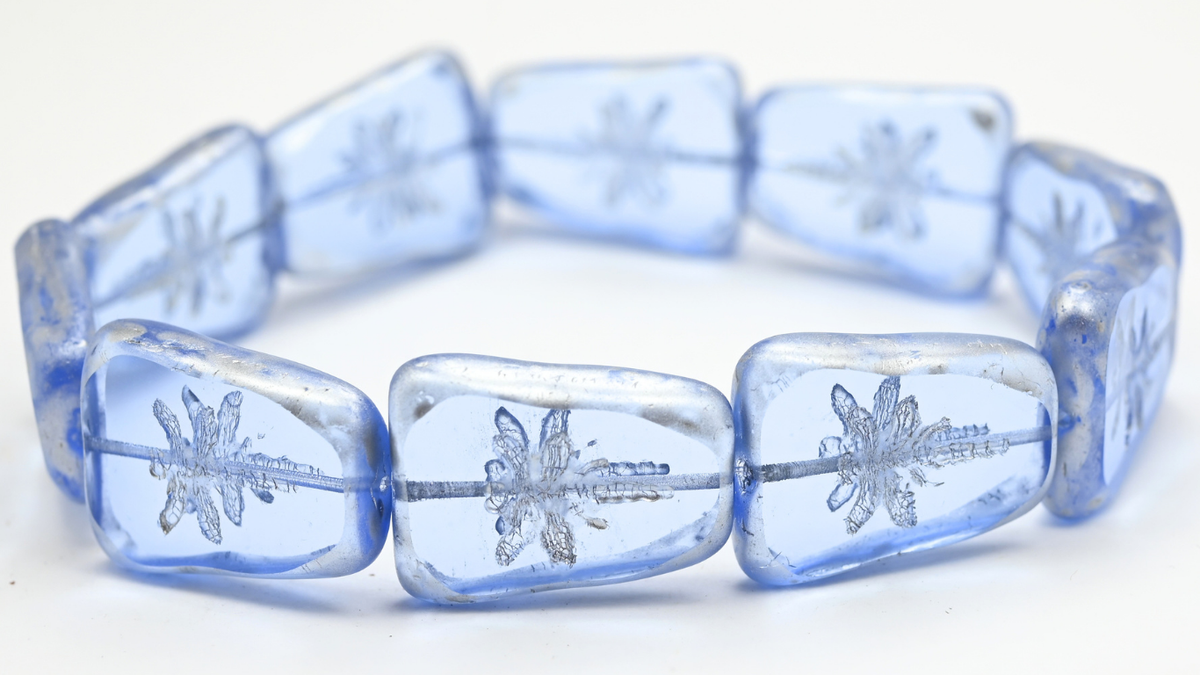 Table Cut Rectangle Beads With Dragonfly, Transparent Blue Silver Splash (30020-86700), Glass, Czech Republic ~ STRANDED