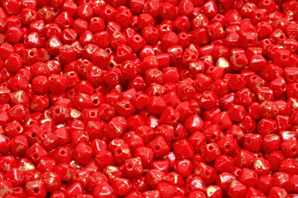 Bicone Beads, Opaque Red Gold Splash (93200-94401), Glass, Czech Republic