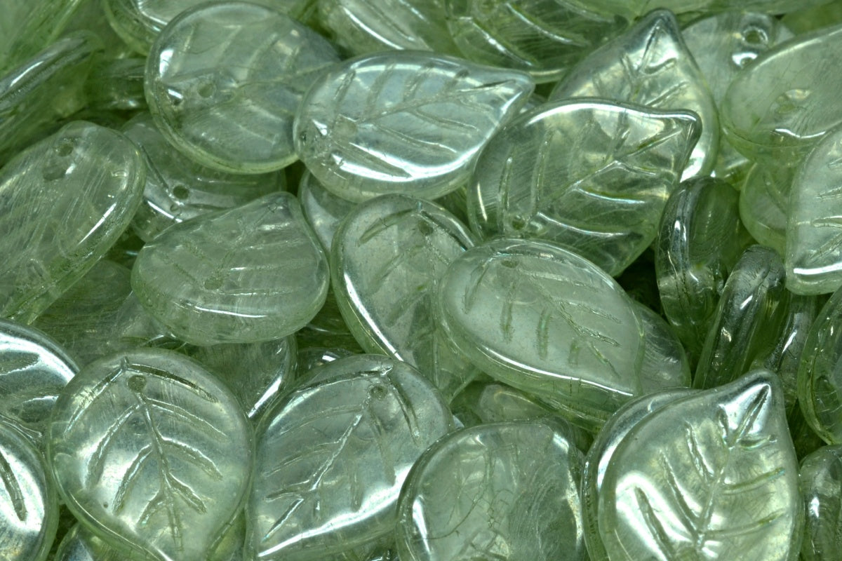 OUTLET 10 grams Apple Leaf Beads, 18 x 13 mm, Crystal Luster Green Full Coated (00030-14457), Glass, Czech Republic