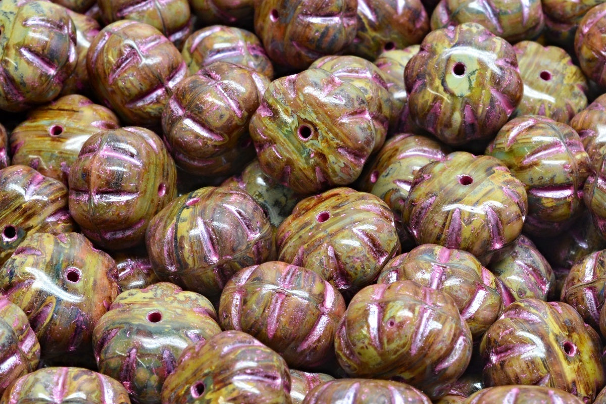 Pumpkin Beads, Mixed Colors Travertin Pink Lined (mix-86800-54321), Glass, Czech Republic
