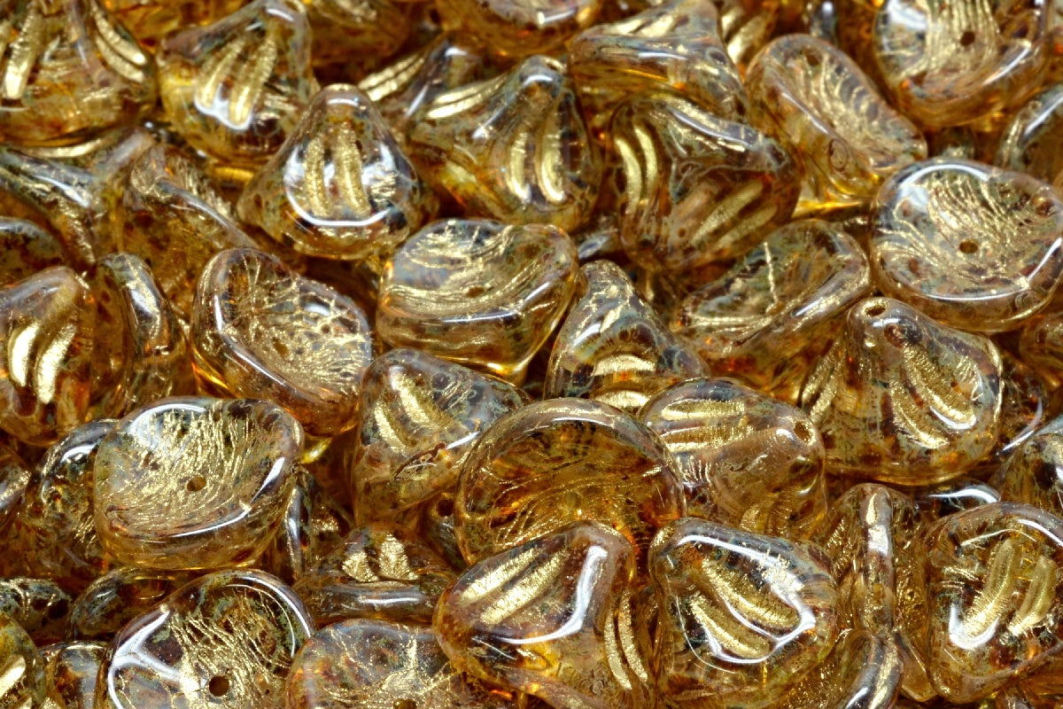 Daylily Flower Beads, Crystal Travertin Gold Lined (00030-86800-54302), Glass, Czech Republic