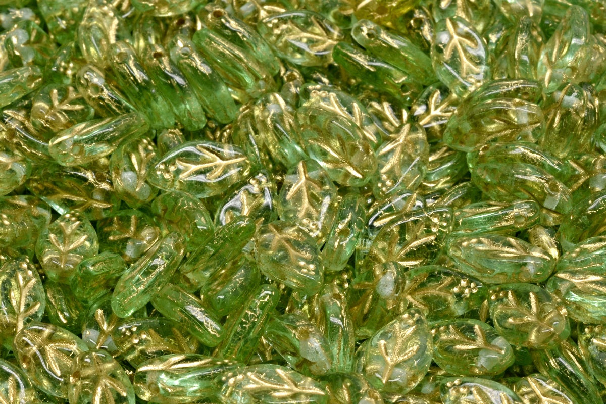 OUTLET 10 grams Cherry Leaf Beads, 6 x 10 mm, Transparent Green Gold Lined (50500-54302), Glass, Czech Republic