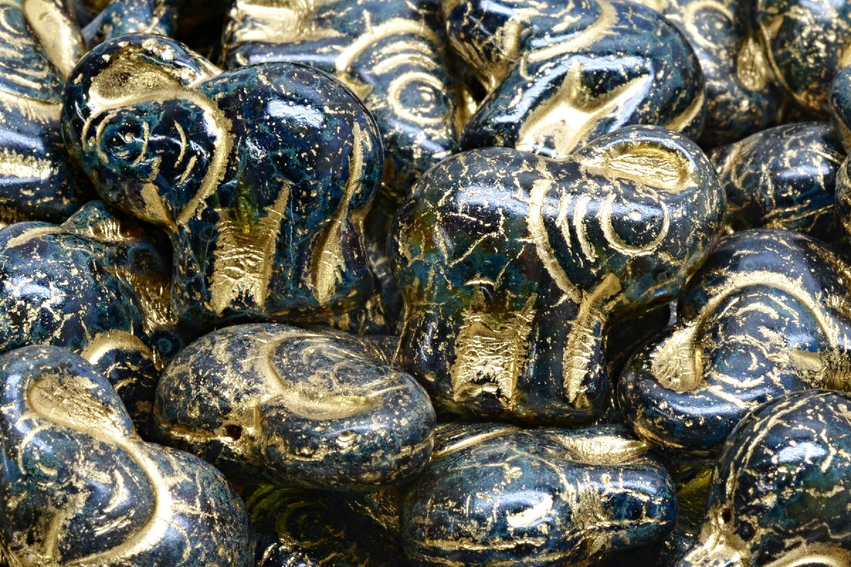 OUTLET 10 grams Elephant Beads, 20 x 21 mm, Blue Green Uranium Travertin Gold Lined (87311-86800-54302), Glass, Czech Republic