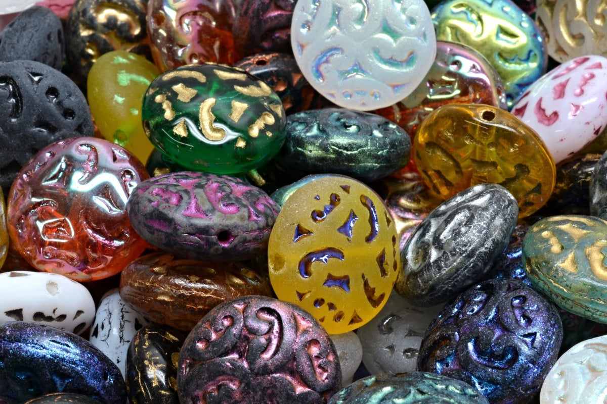 OUTLET 10 grams Lentil Beads With Ornaments, 14 x 14 mm, 1 Mixed Colors (00001-mix), Glass, Japan