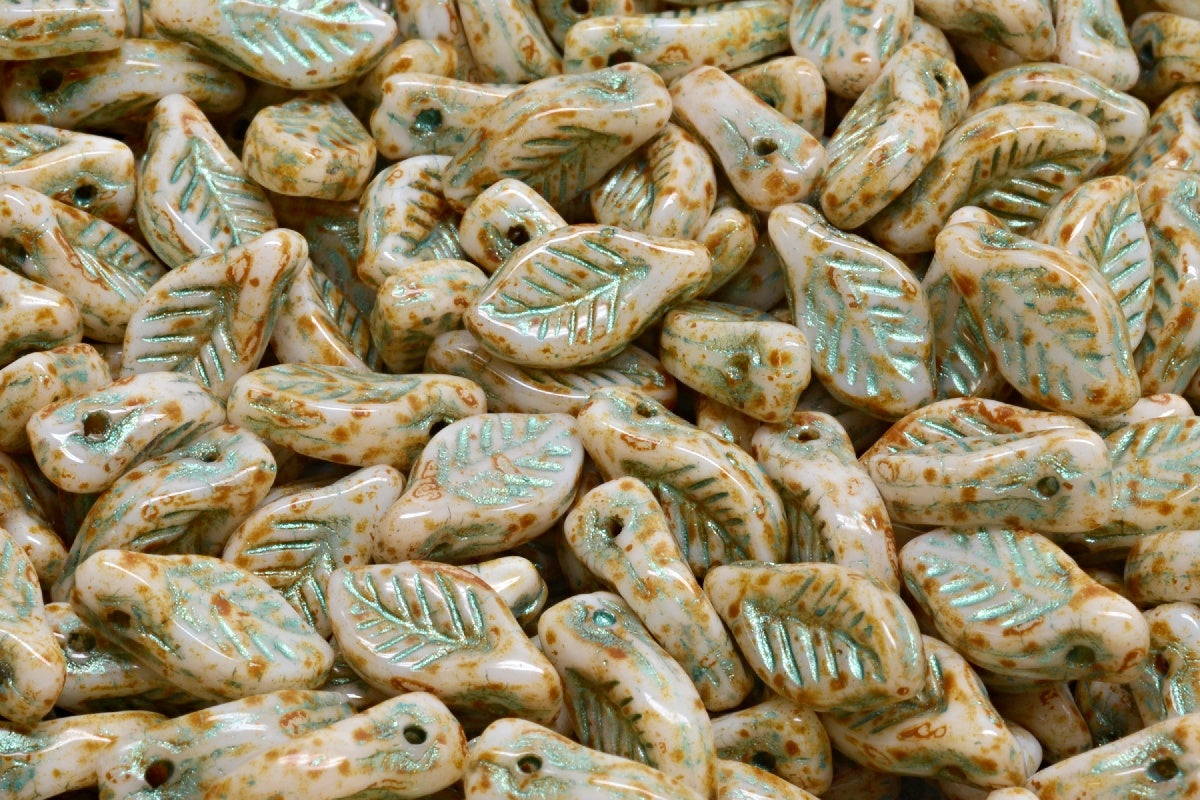 Bay Leaf Beads, White Travertin 43814 (02010-86800-43814), Glass, Czech Republic