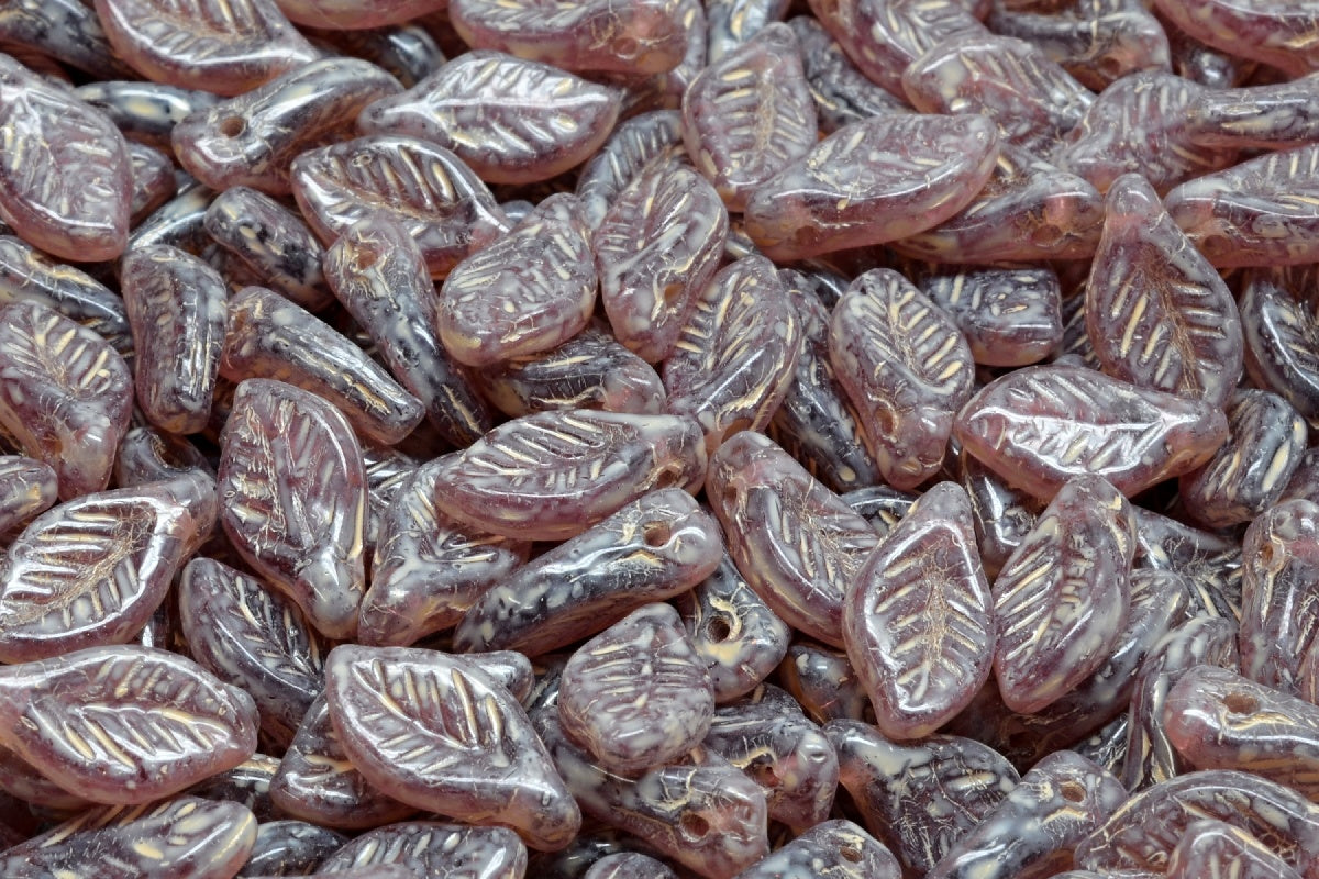 Bay Leaf Beads, Amethyst Beige Travertin Spotted (20060-33301), Glass, Czech Republic