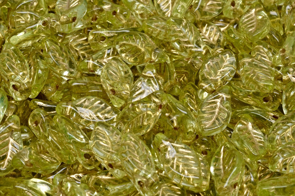 Bay Leaf Beads, Transparent Yellow Gold Lined (80130-54302), Glass, Czech Republic
