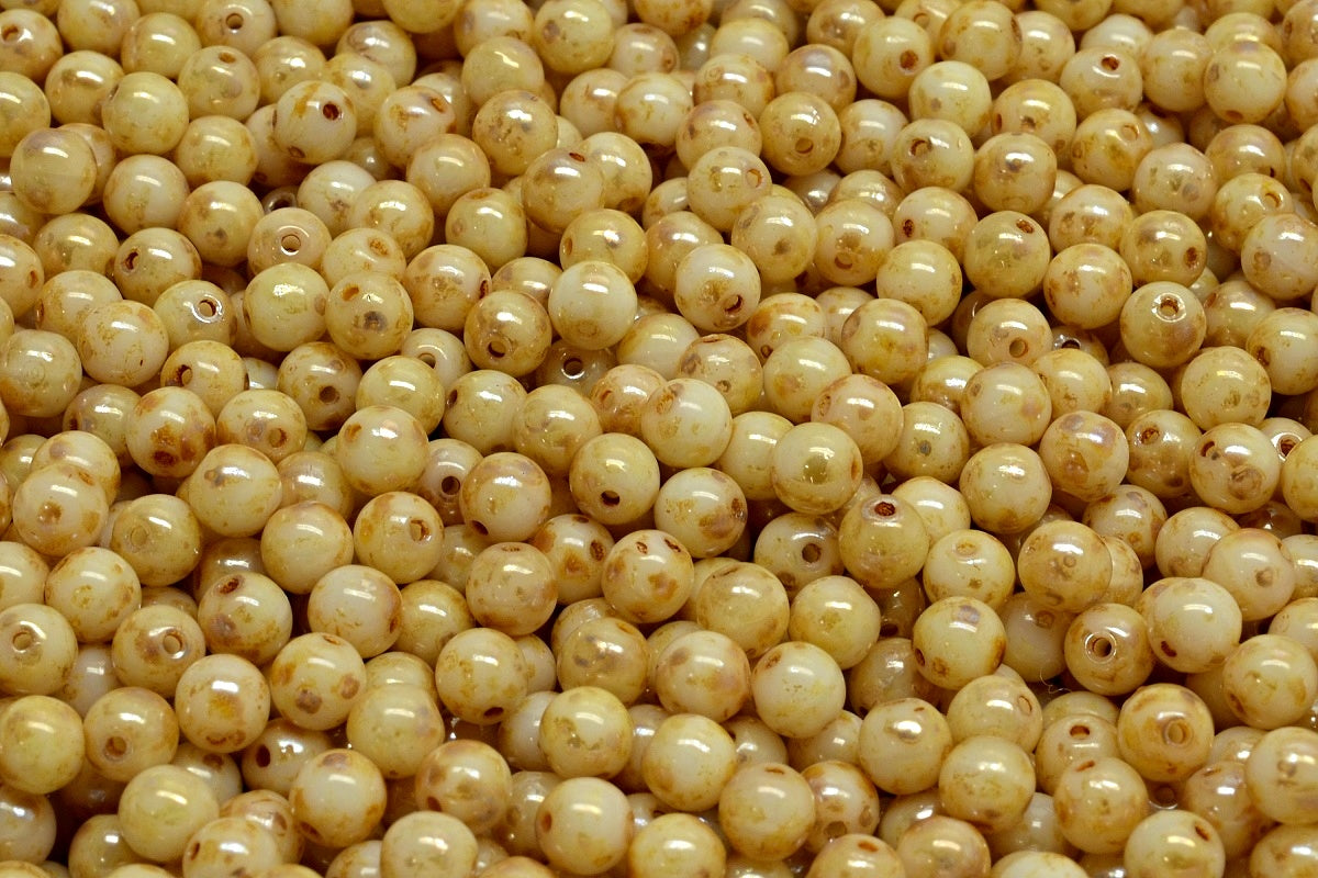 Round Druck Beads, White Picasso (02010-43400), Glass, Czech Republic