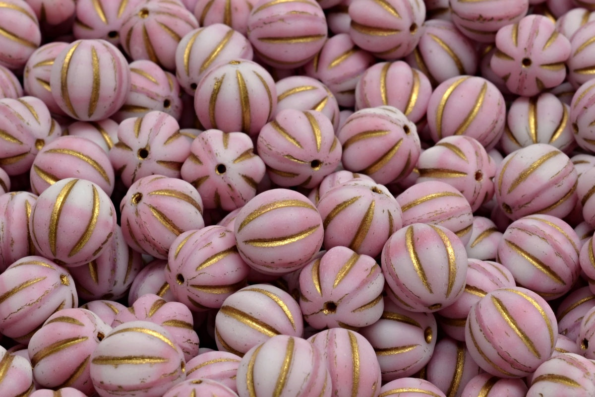 Melon Beads, Pink Gold Lined Matte (07724-54302-84100), Glass, Czech Republic