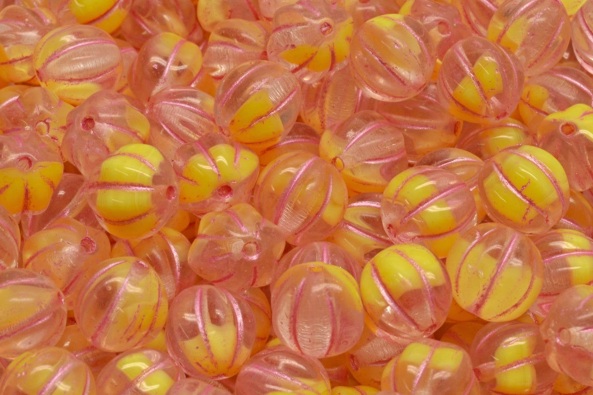 OUTLET 10 grams Melon Beads, 8 x 8 mm, 86036 Pink Lined (86036-54321), Glass, Czech Republic