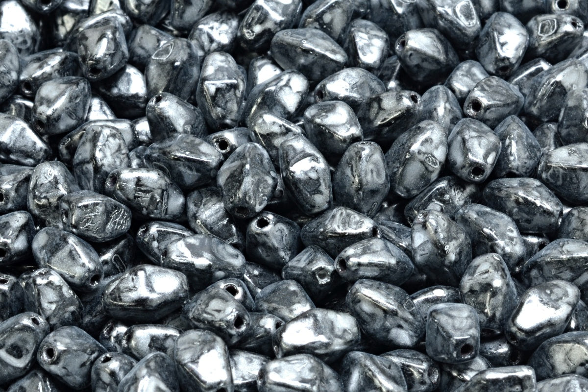 OUTLET 10 grams Olive Oval Pressed Glass Beads With Edges, 8 x 6 mm, Black Silver Splash (23980-86700), Glass, Czech Republic