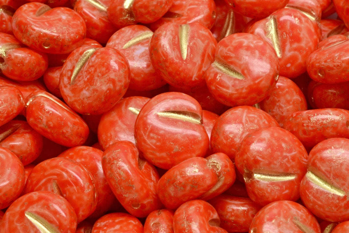 Apple Shaped Beads, White Beige Orange Spotted Gold Lined (02010-33307-54302), Glass, Czech Republic