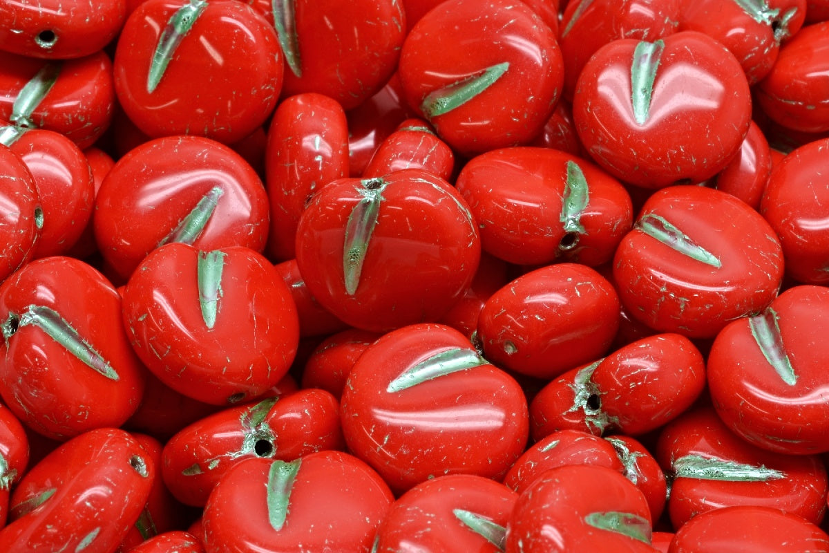 Apple Shaped Beads, Red Green Lined (93180-54322), Glass, Czech Republic