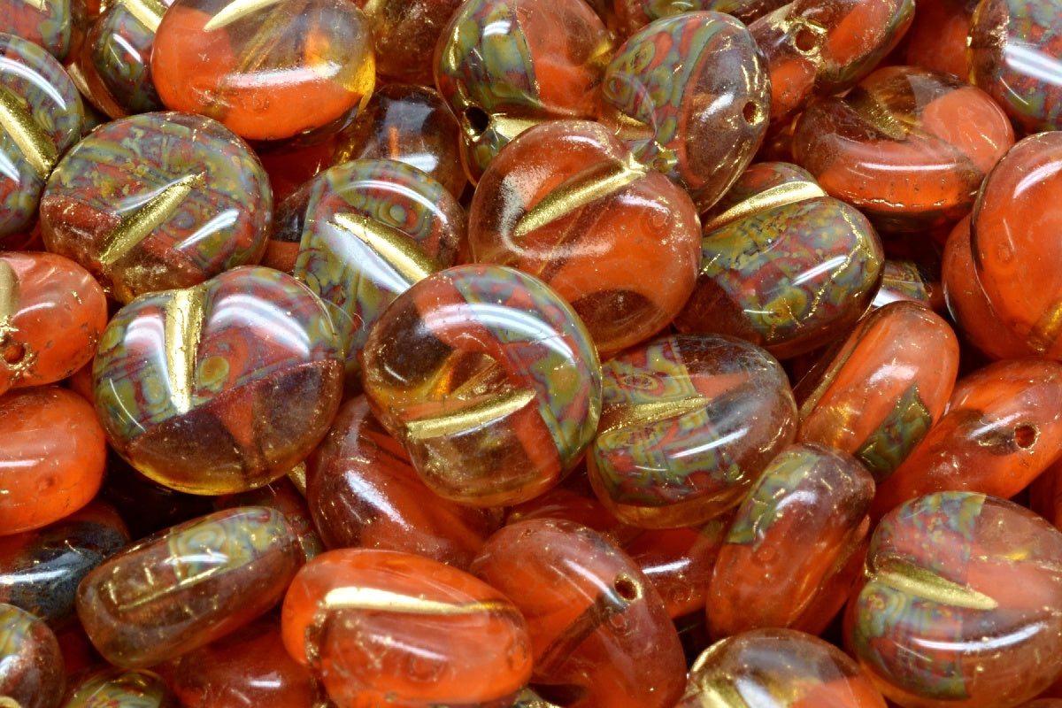 Apple Shaped Beads, 96017 Travertin Gold Lined (96017-86800-54302), Glass, Czech Republic