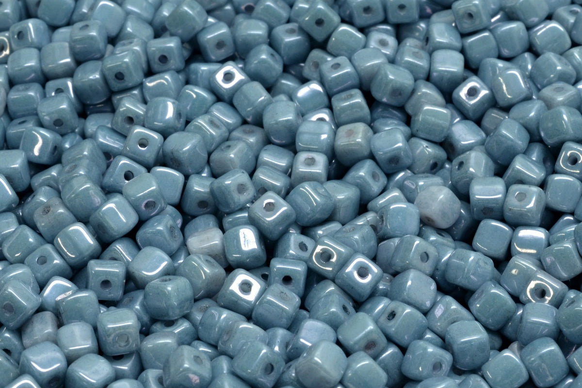 Cube Beads, White Luster Blue Full Coated (02010-14464), Glass, Czech Republic