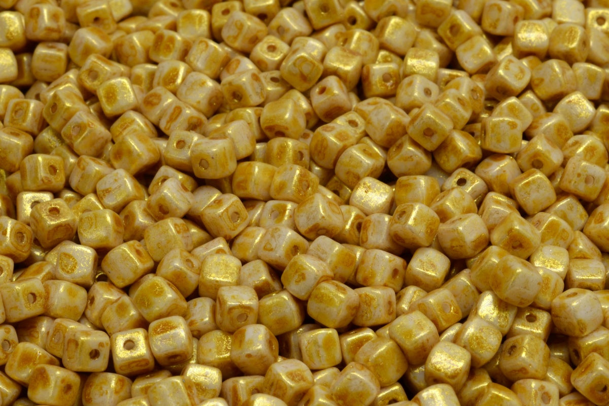 Cube Beads, White Gold Luster Spotted (02010-65322), Glass, Czech Republic