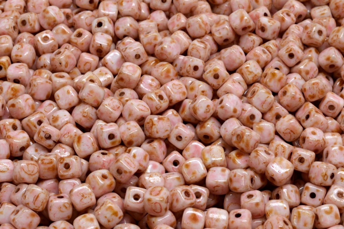Cube Beads, Chalk White Travertin Light Pink (03000-86800-34304), Glass, Czech Republic