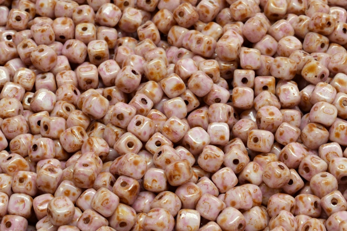 Cube Beads, Chalk White Travertin Light Fuchsia Pink (03000-86800-34306), Glass, Czech Republic